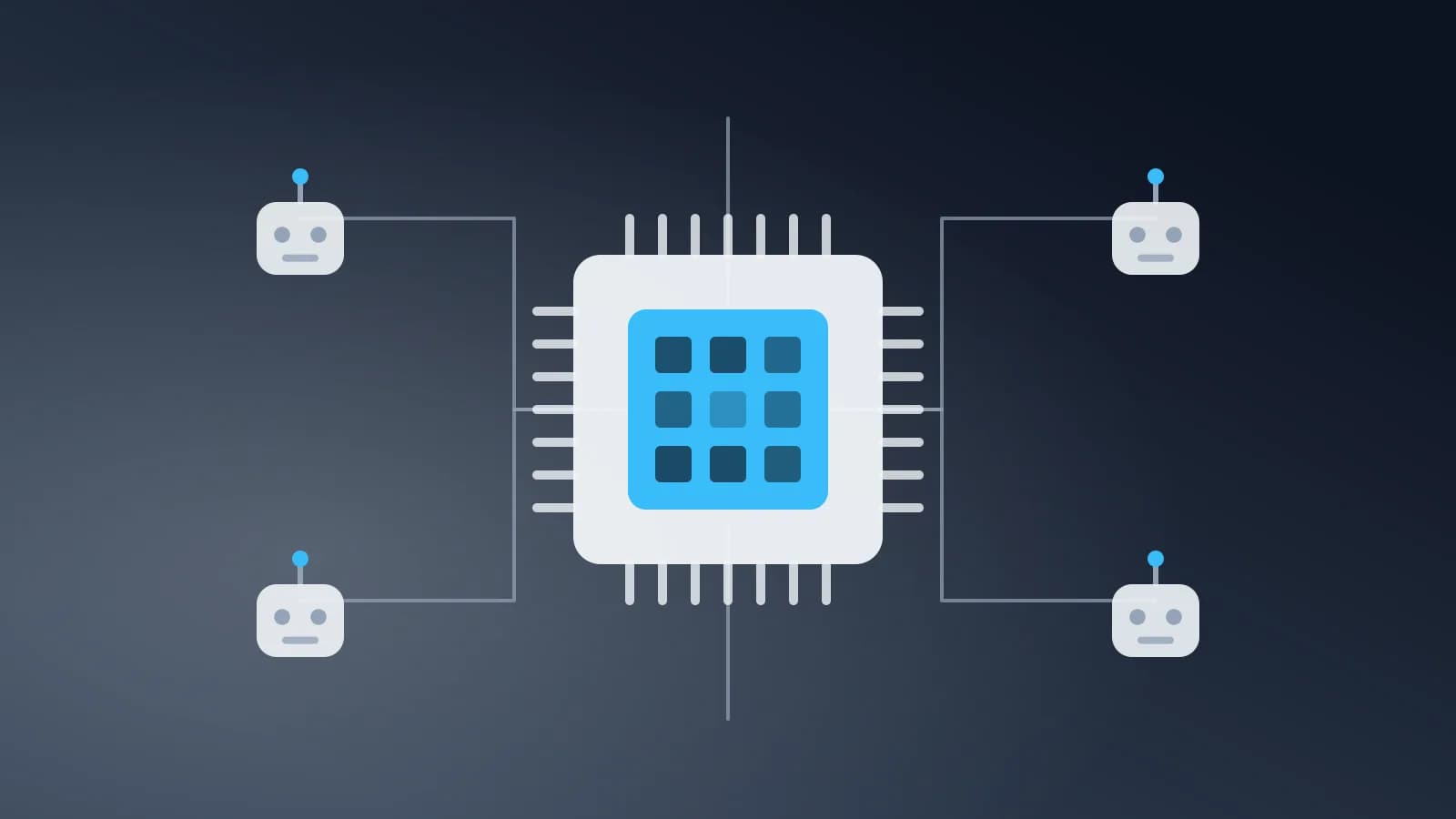 Ilustración abstracta de un chip de procesamiento conectado a unidades robóticas