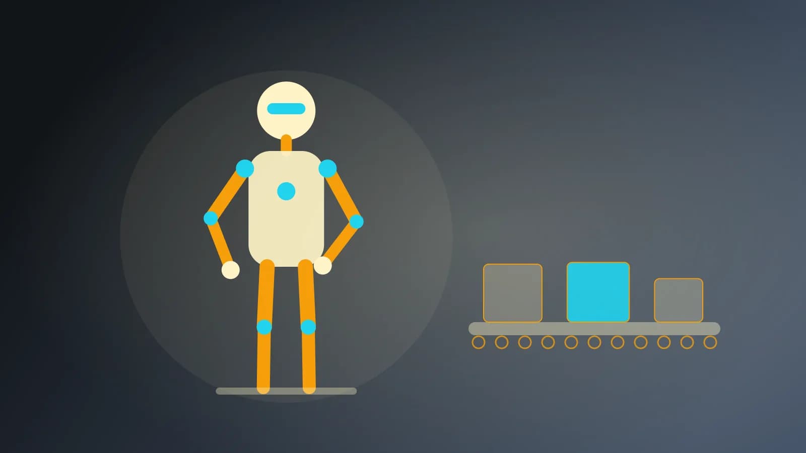 Ilustración abstracta de un robot humanoide junto a una cinta transportadora
