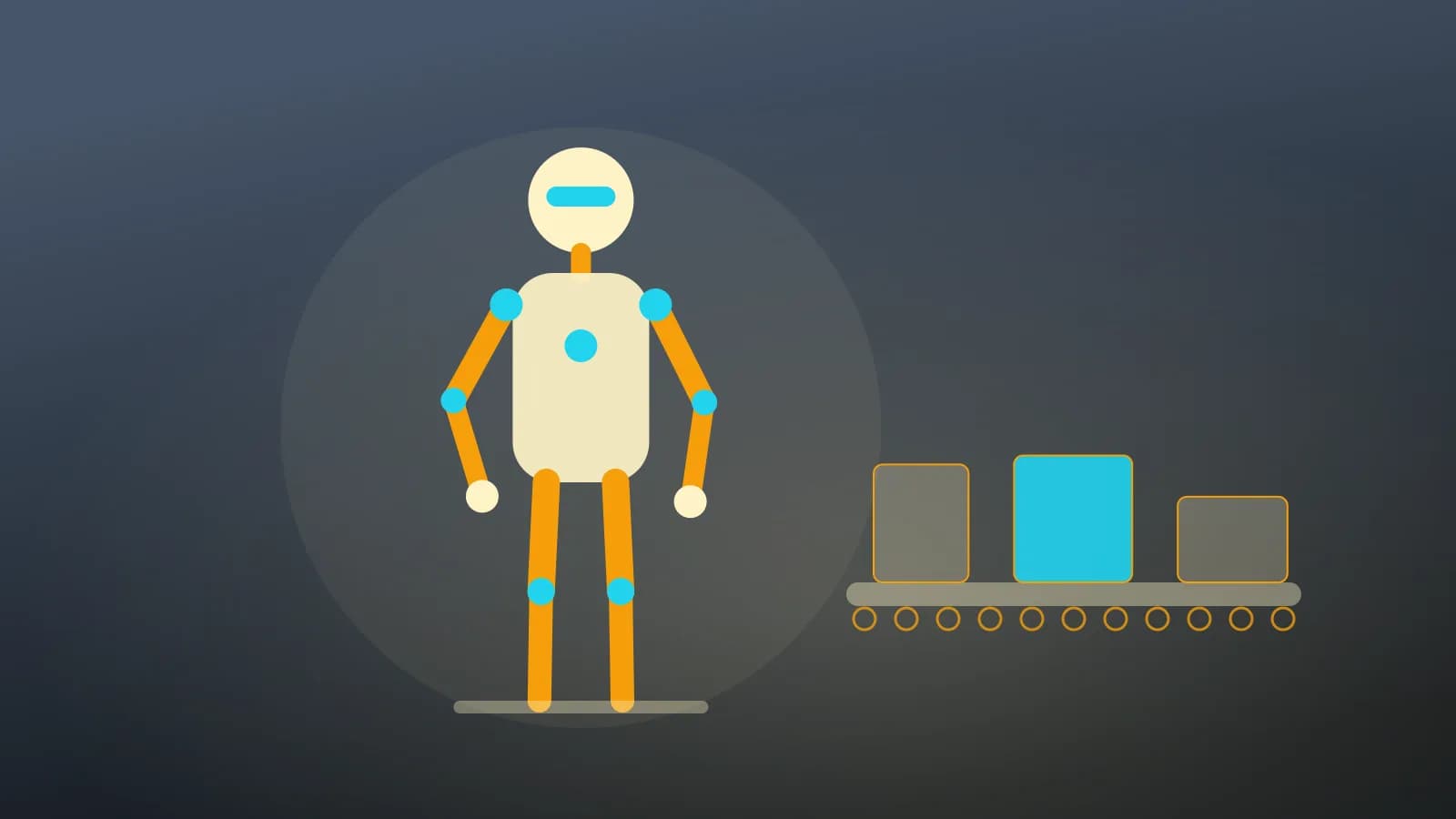 Illustration abstraite d'un robot humanoïde près d'un convoyeur