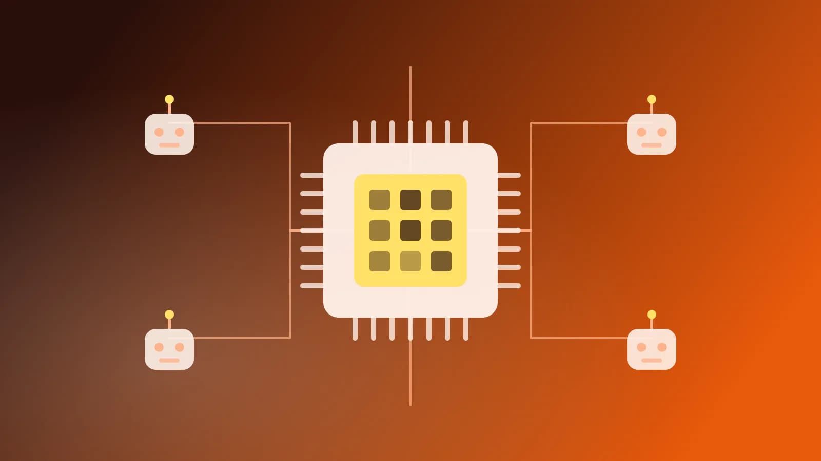 Abstract illustration of a processor chip linked to robot units