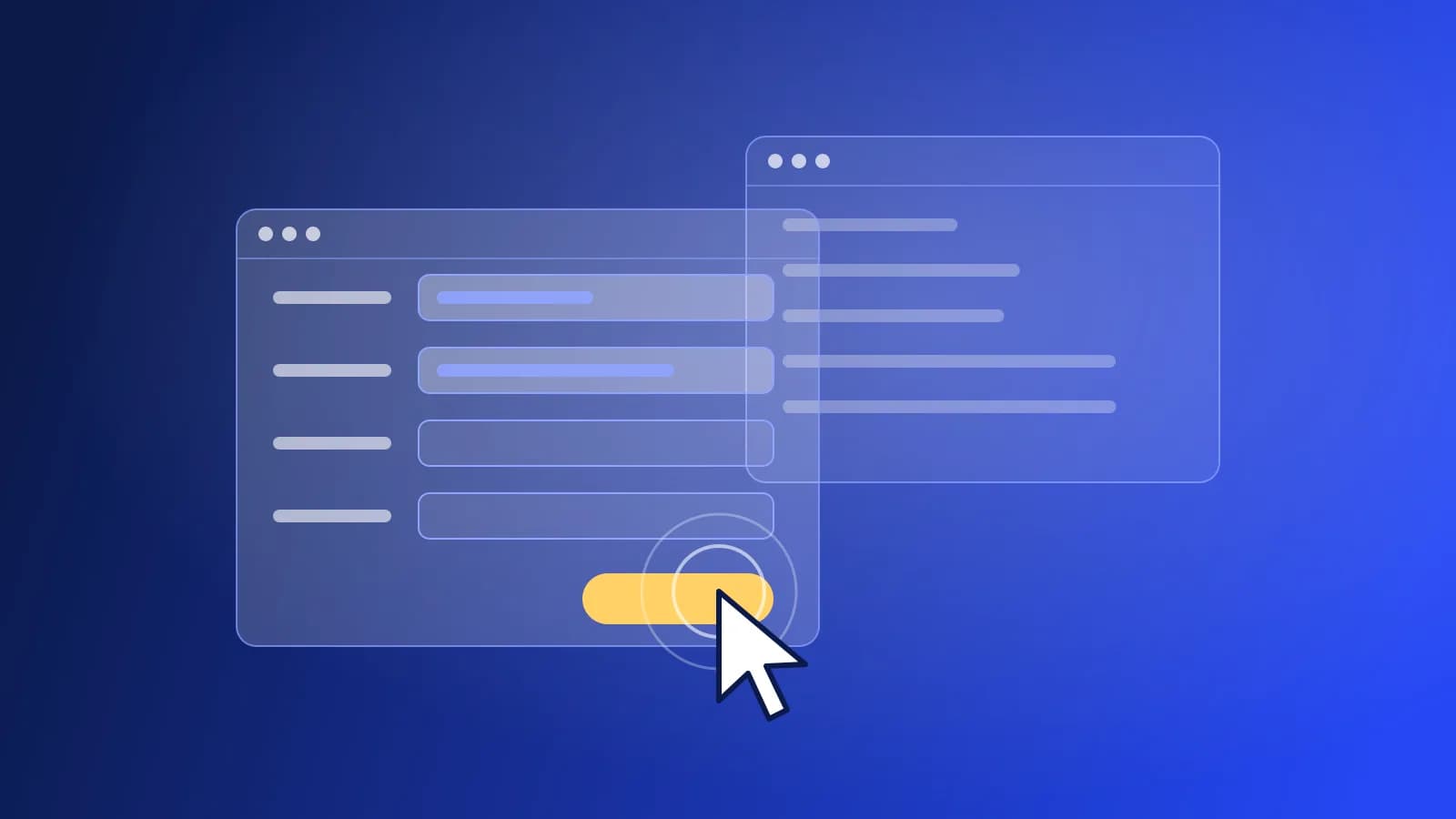 Abstract illustration of a cursor filling in forms across app windows