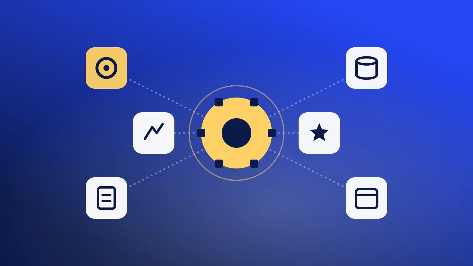 Abstract illustration of a central hub connected to tool tiles