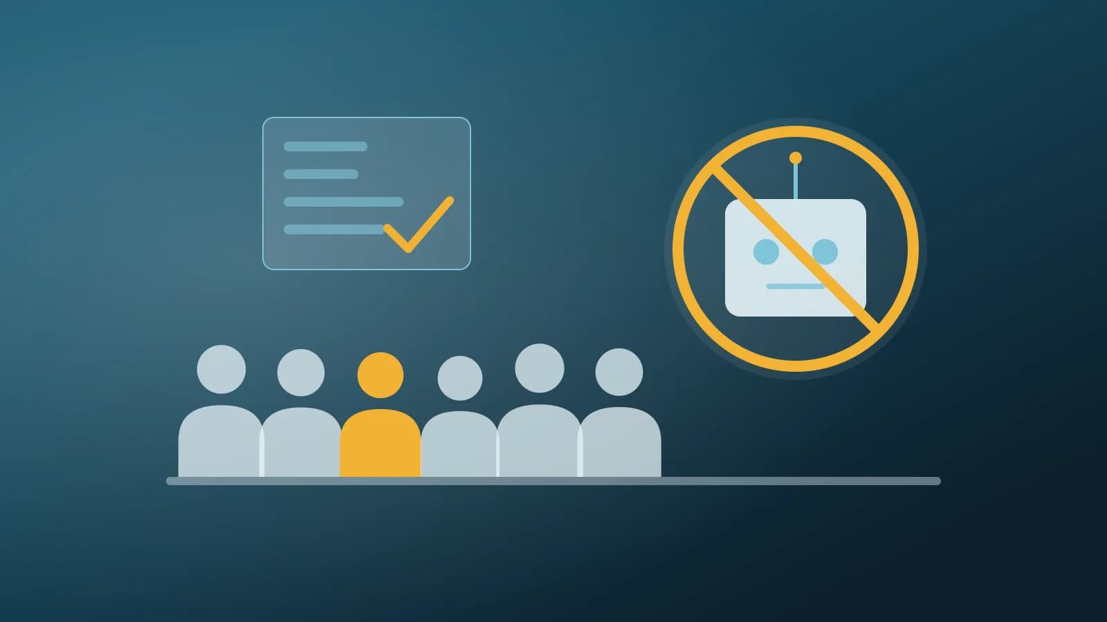 Abstract illustration of workers protected from a crossed-out robot manager