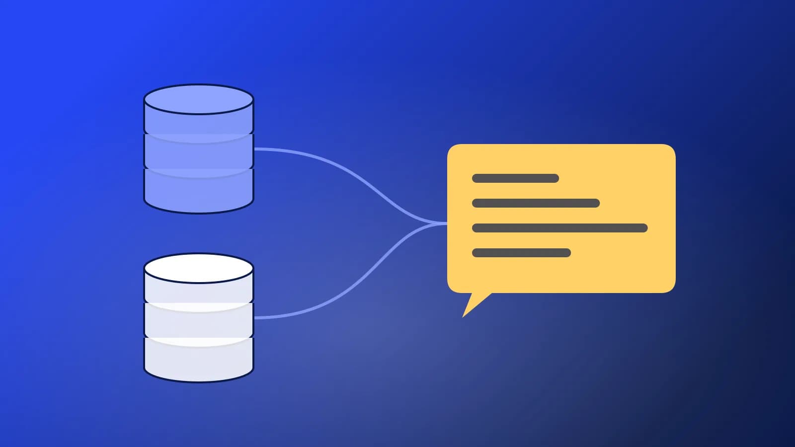 Ilustración abstracta de bases de datos conectadas a un asistente conversacional