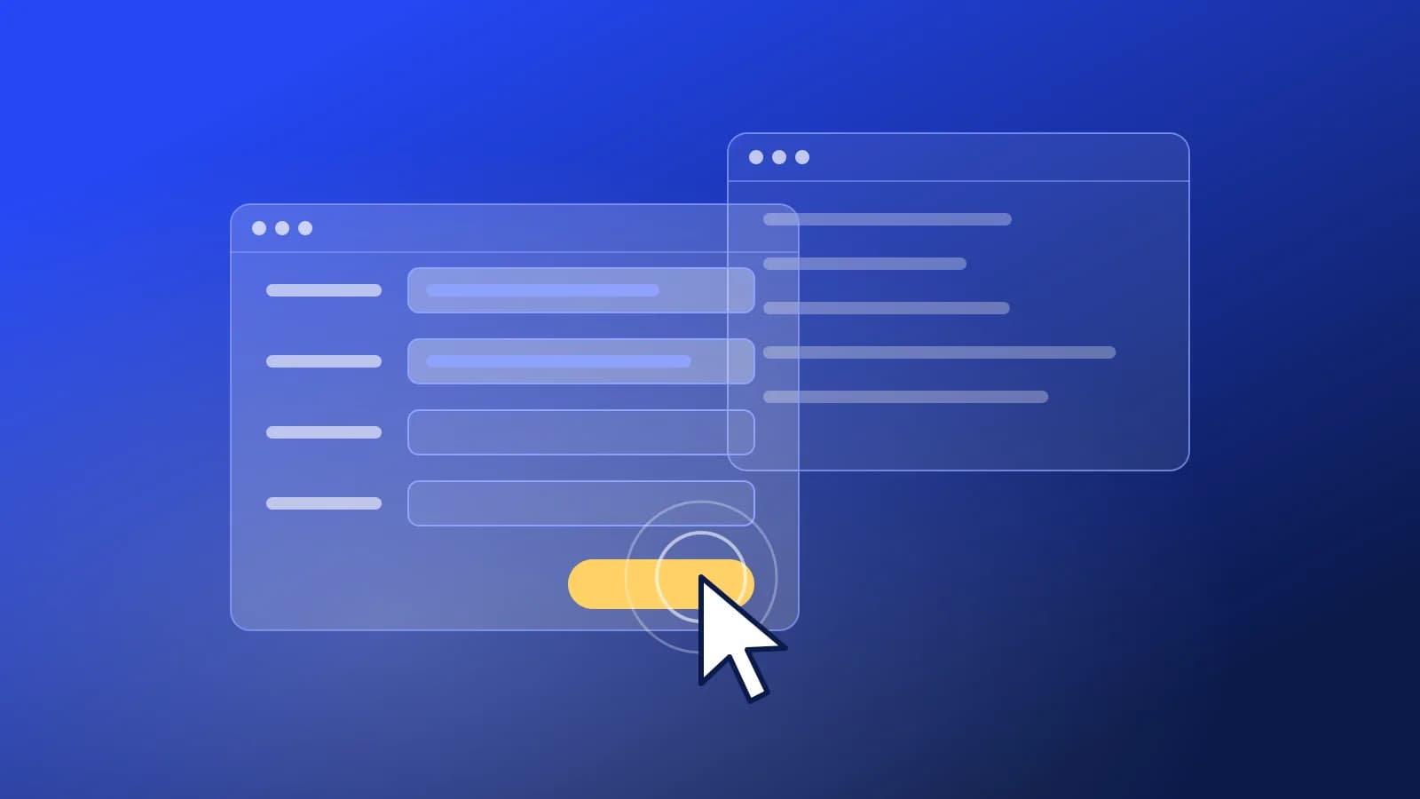 Ilustración abstracta de un cursor que rellena formularios en varias ventanas
