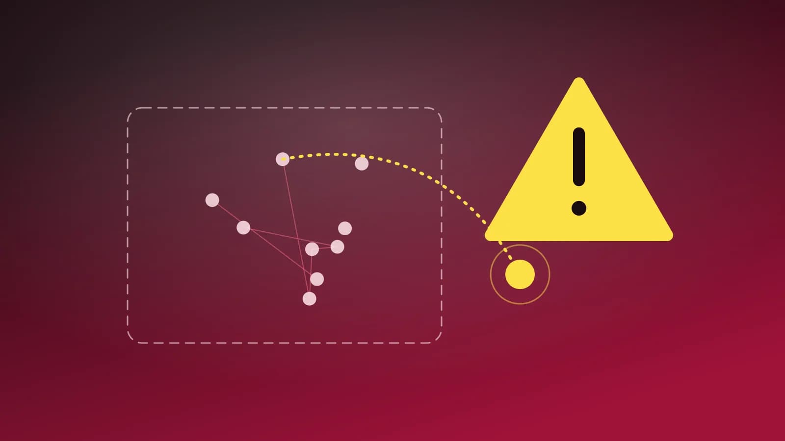 Ilustración abstracta de un nodo de red que cruza un límite de seguridad, con una señal de alerta