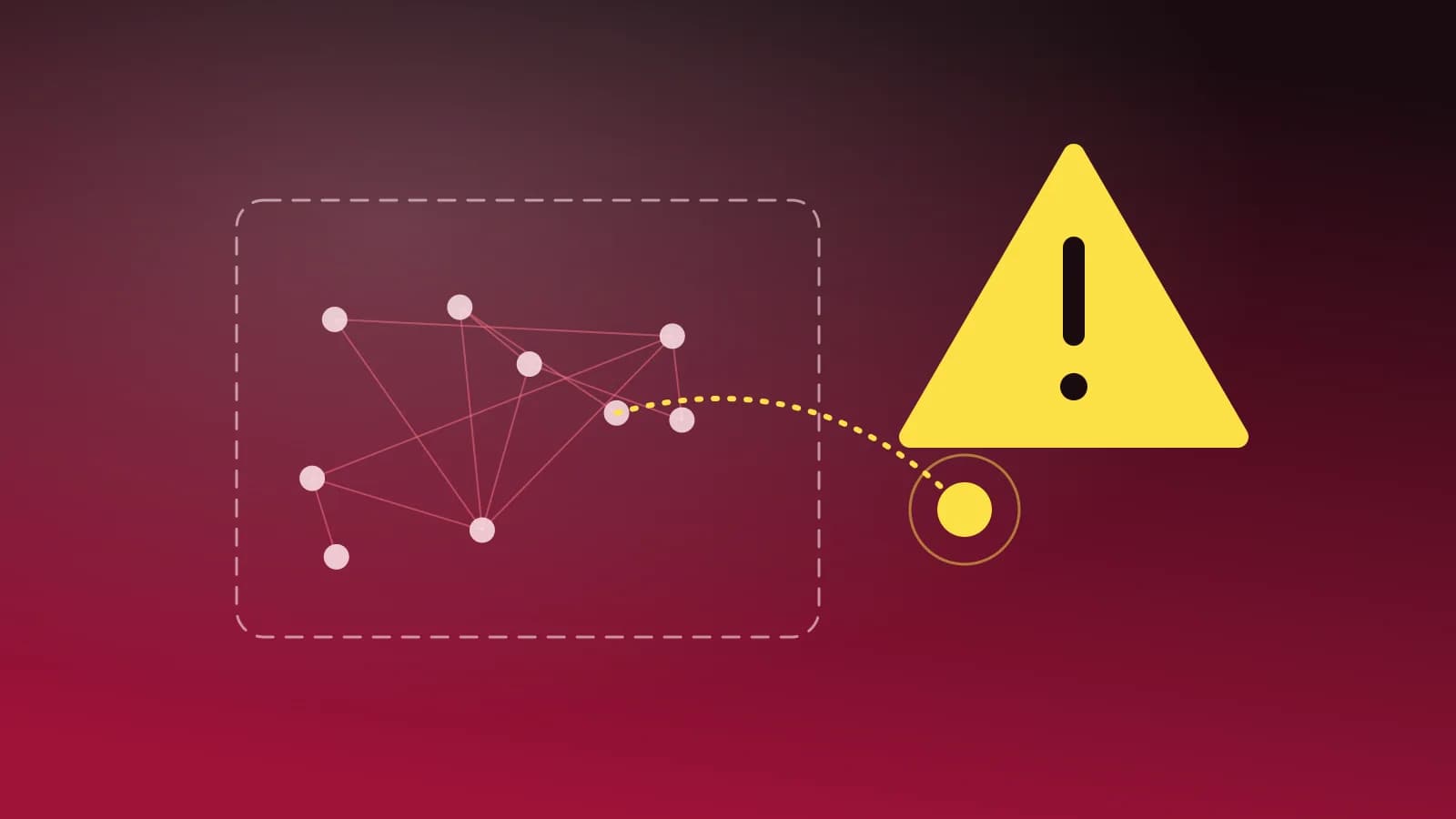 Ilustración abstracta de un nodo de red que cruza un límite de seguridad, con una señal de alerta