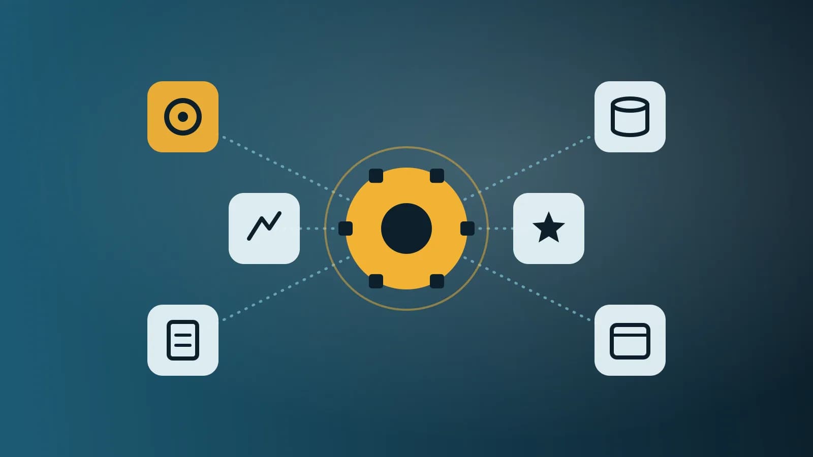 Abstract illustration of a central hub connected to tool tiles