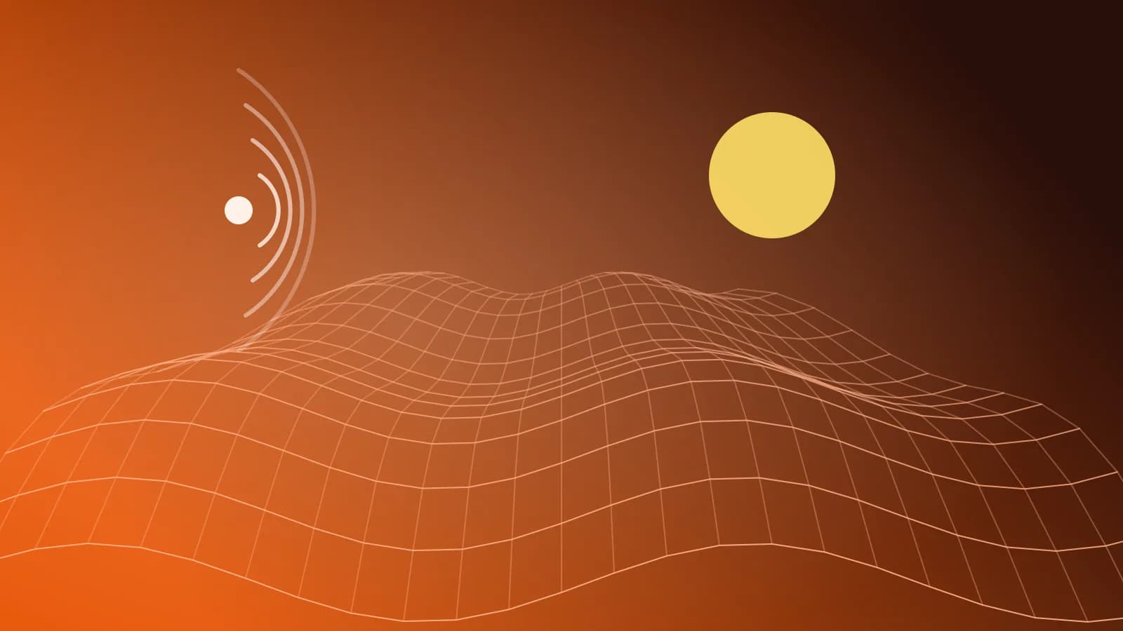 Ilustración abstracta de un paisaje en malla con ondas sonoras