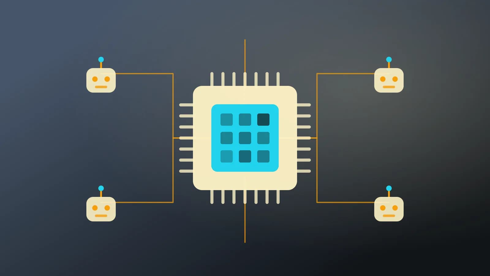 Ilustración abstracta de un chip de procesamiento conectado a unidades robóticas