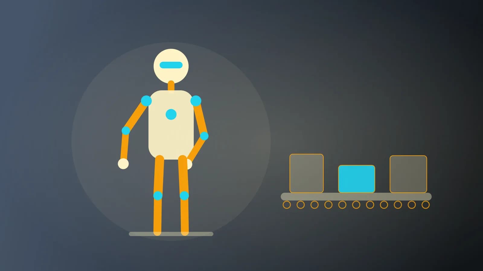 Ilustración abstracta de un robot humanoide junto a una cinta transportadora