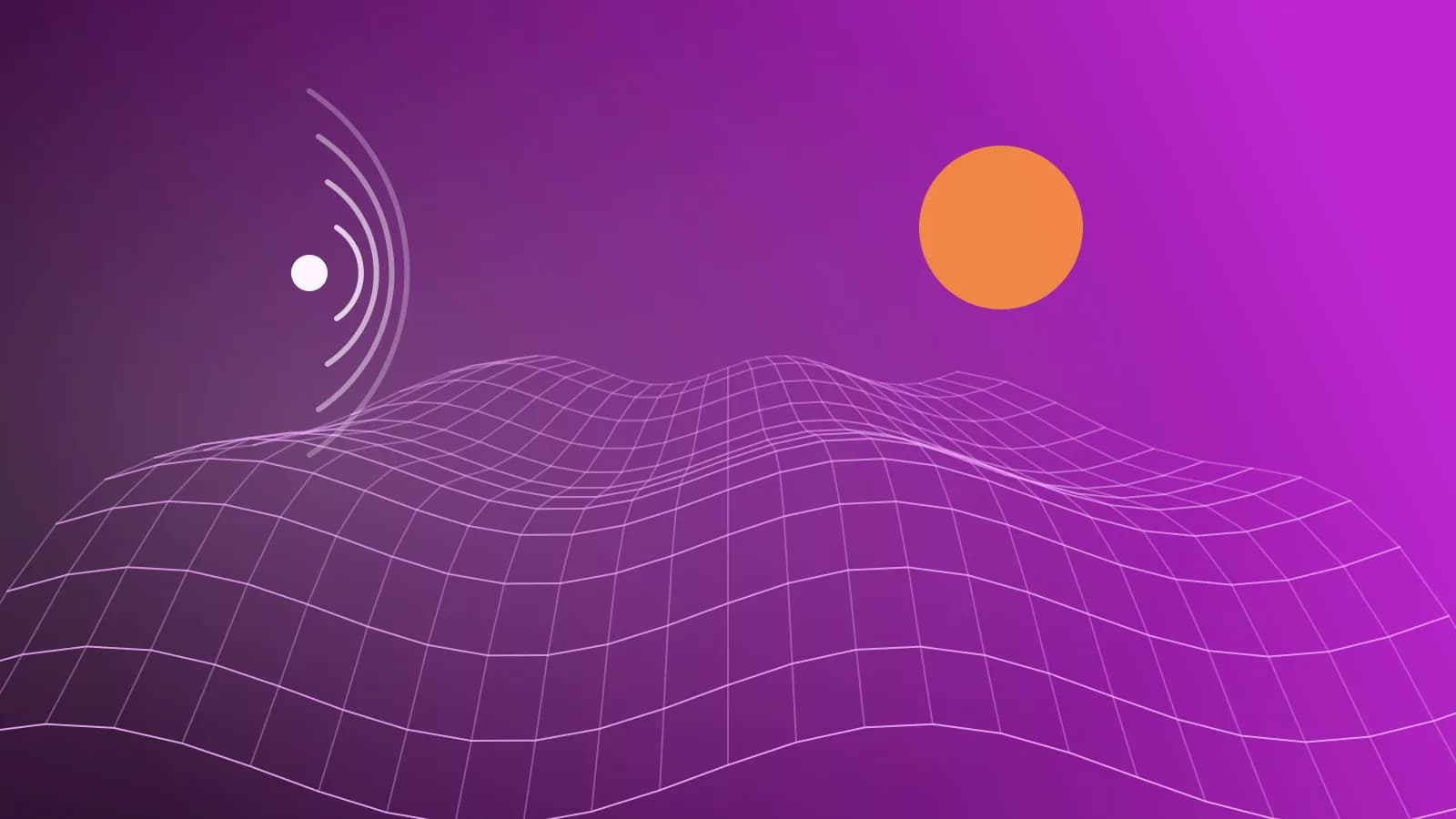 Ilustración abstracta de un paisaje en malla con ondas sonoras