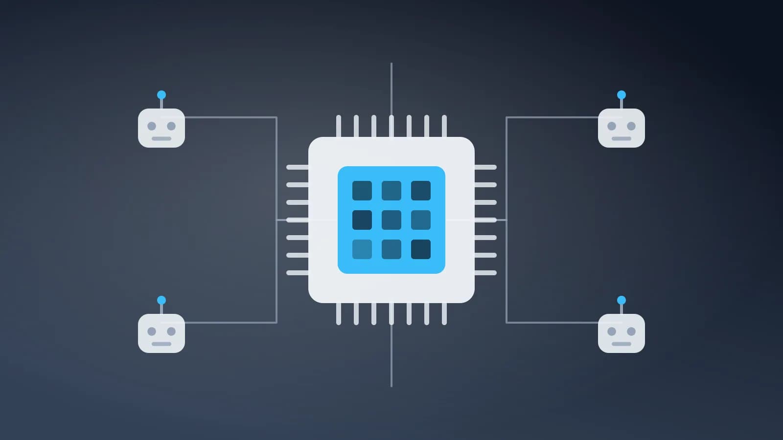 Illustration abstraite d'une puce de calcul reliée à des unités robotiques