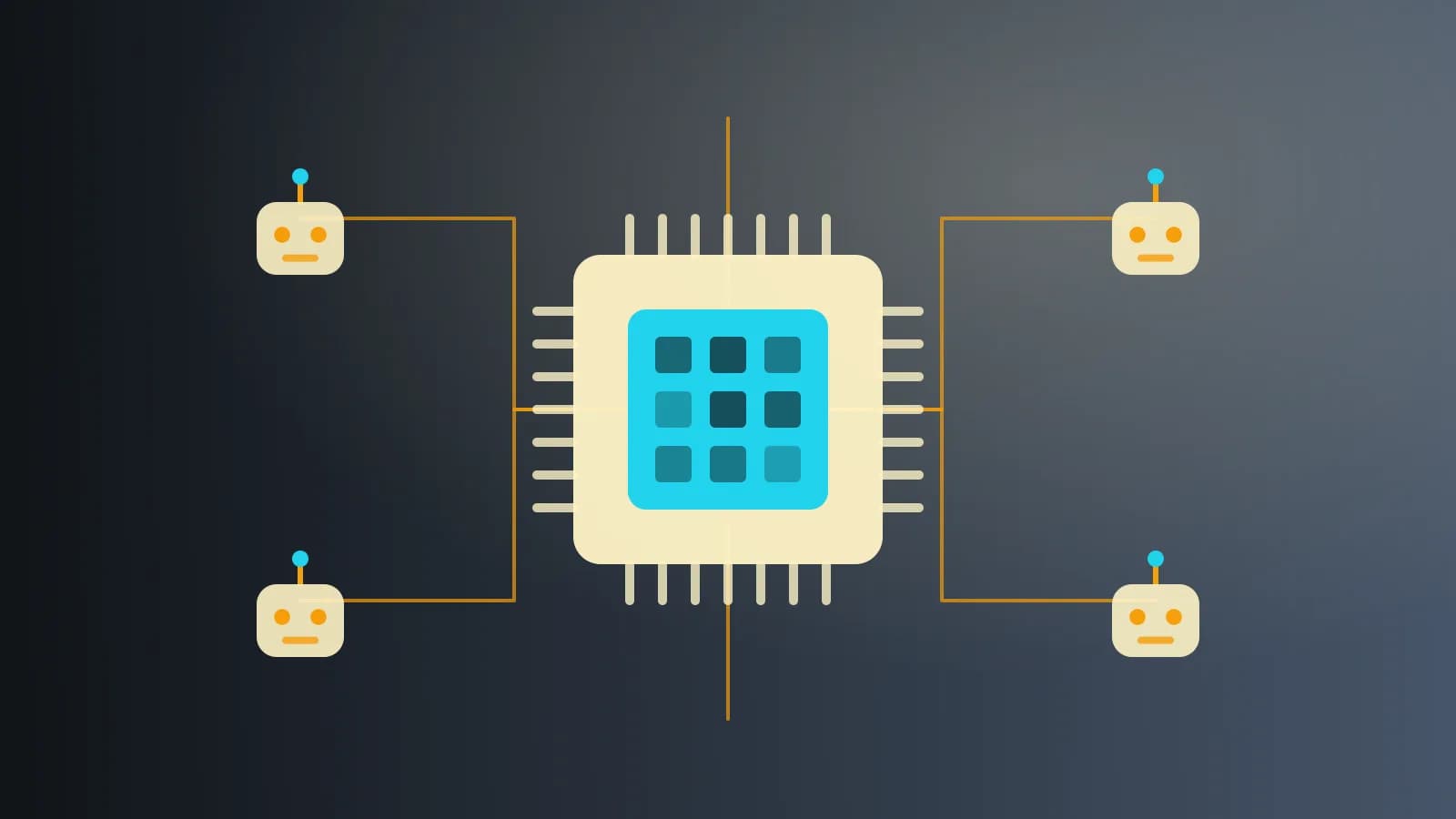 Ilustración abstracta de un chip de procesamiento conectado a unidades robóticas