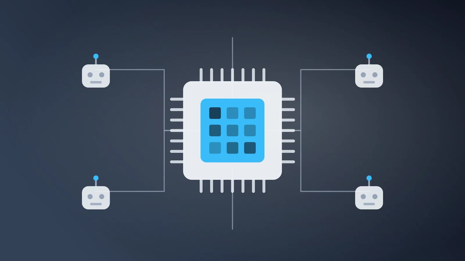 Ilustración abstracta de un chip de procesamiento conectado a unidades robóticas