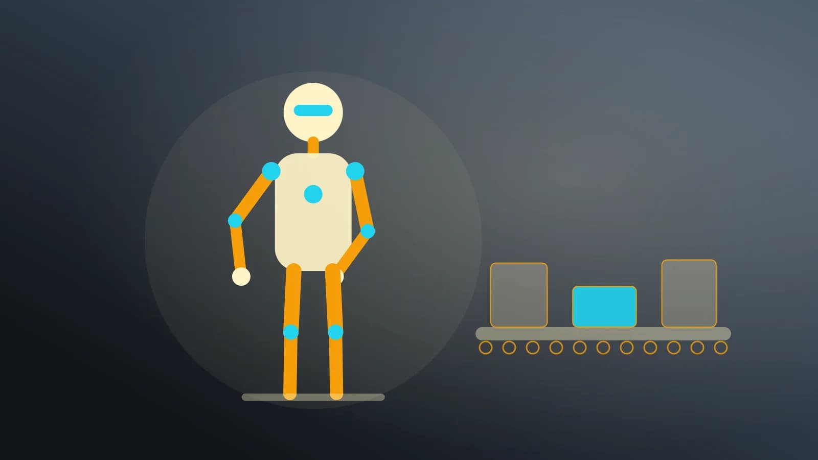 Ilustración abstracta de un robot humanoide junto a una cinta transportadora