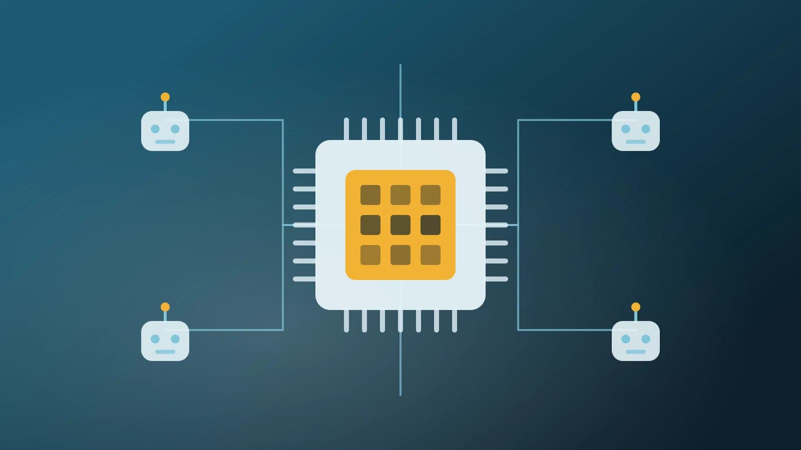 Abstract illustration of a processor chip linked to robot units