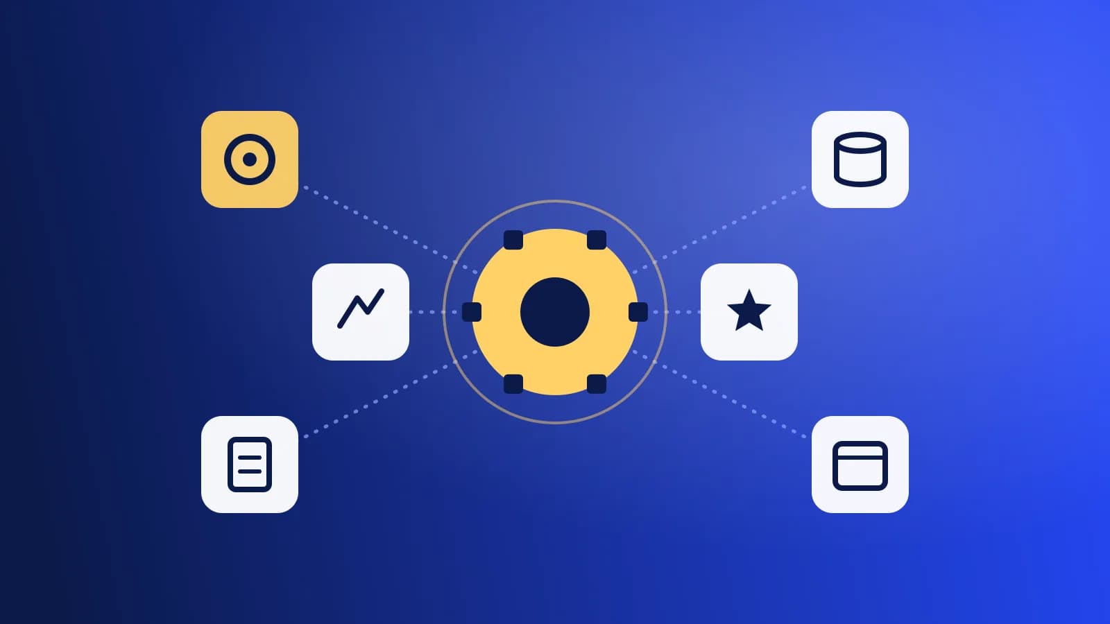 Abstract illustration of a central hub connected to tool tiles