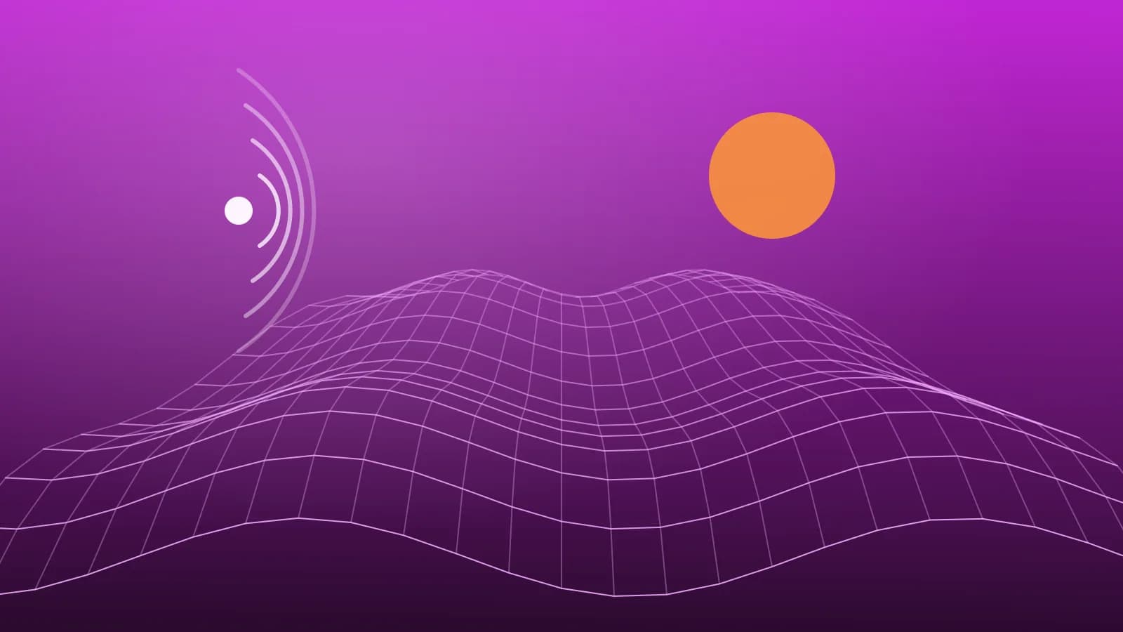 Ilustración abstracta de un paisaje en malla con ondas sonoras