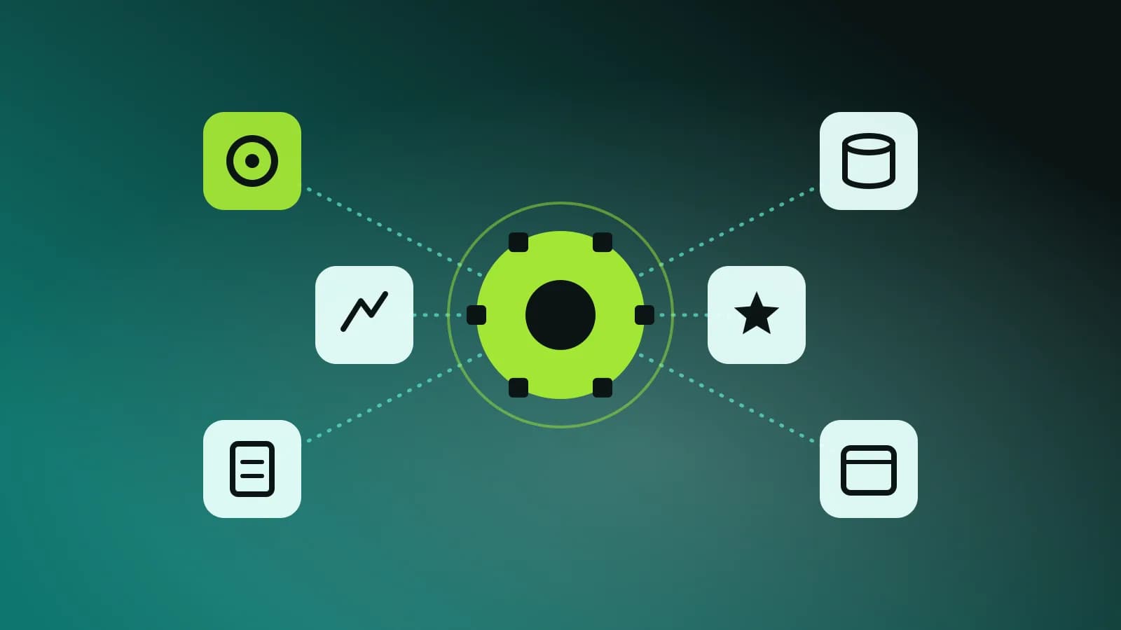 Abstract illustration of a central hub connected to tool tiles