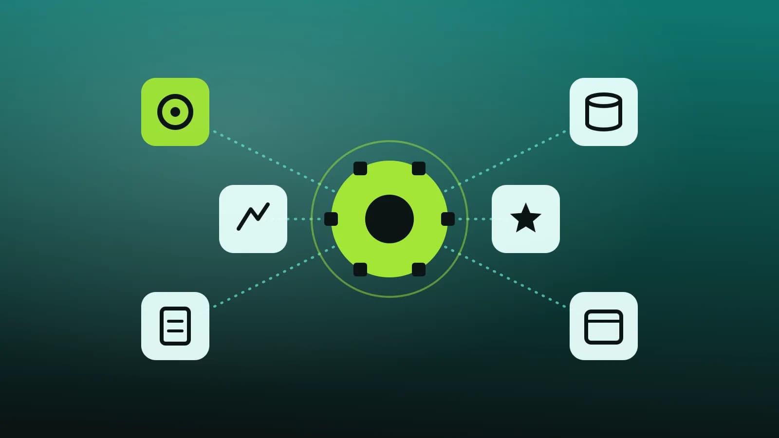 Abstract illustration of a central hub connected to tool tiles