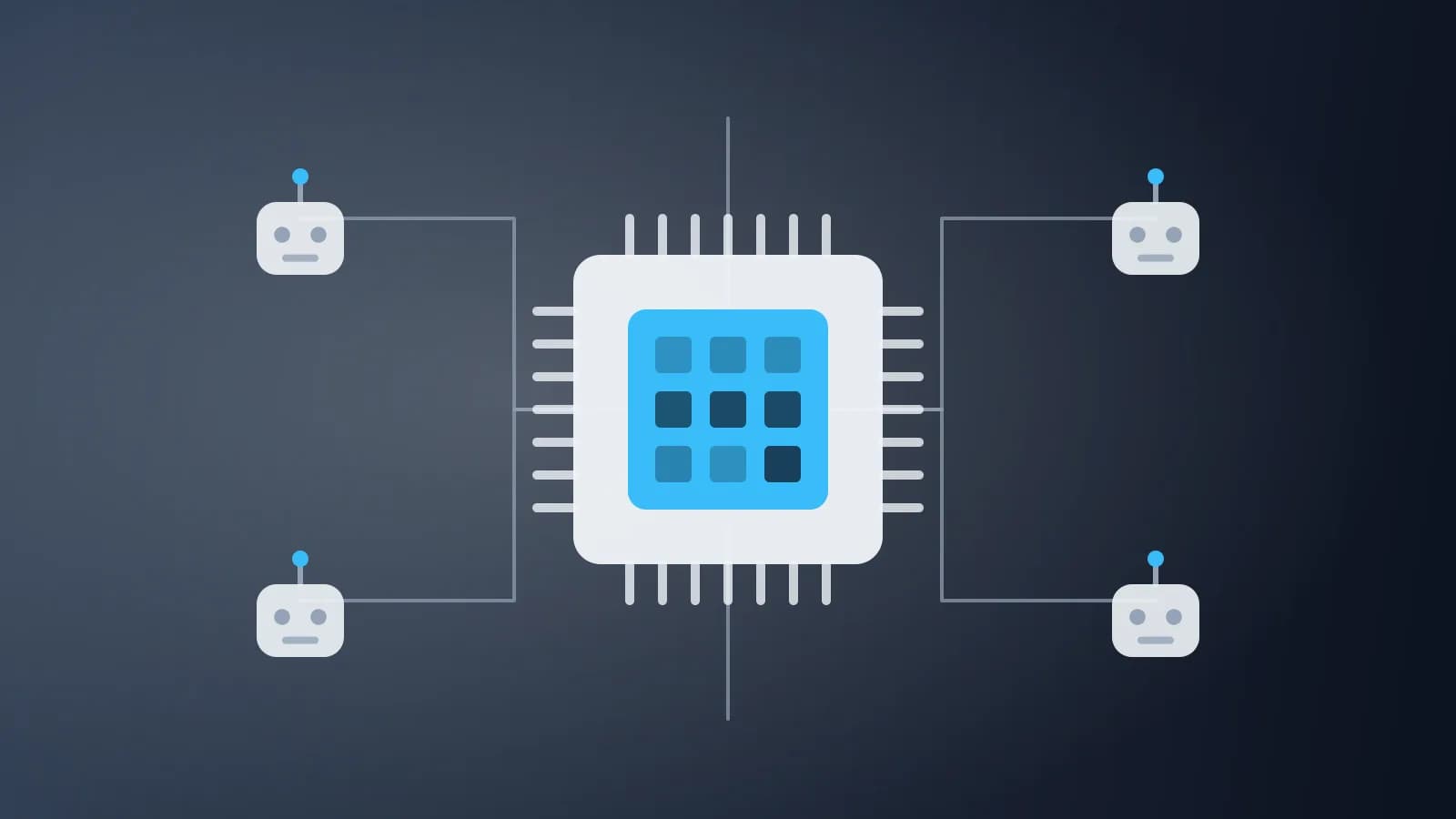 Ilustración abstracta de un chip de procesamiento conectado a unidades robóticas