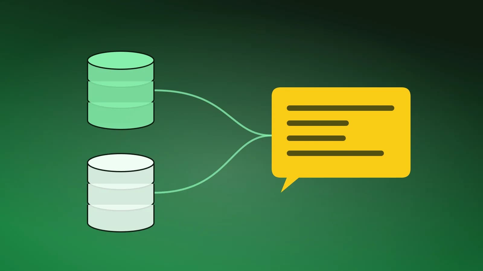 Ilustración abstracta de bases de datos conectadas a un asistente conversacional