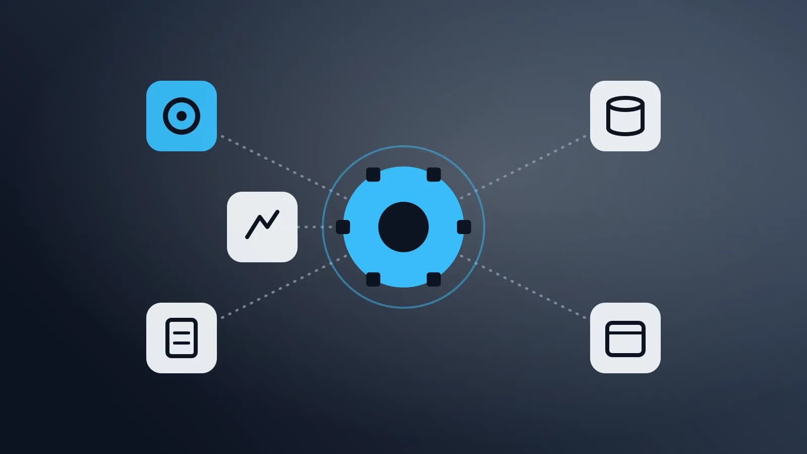 Abstract illustration of a central hub connected to tool tiles
