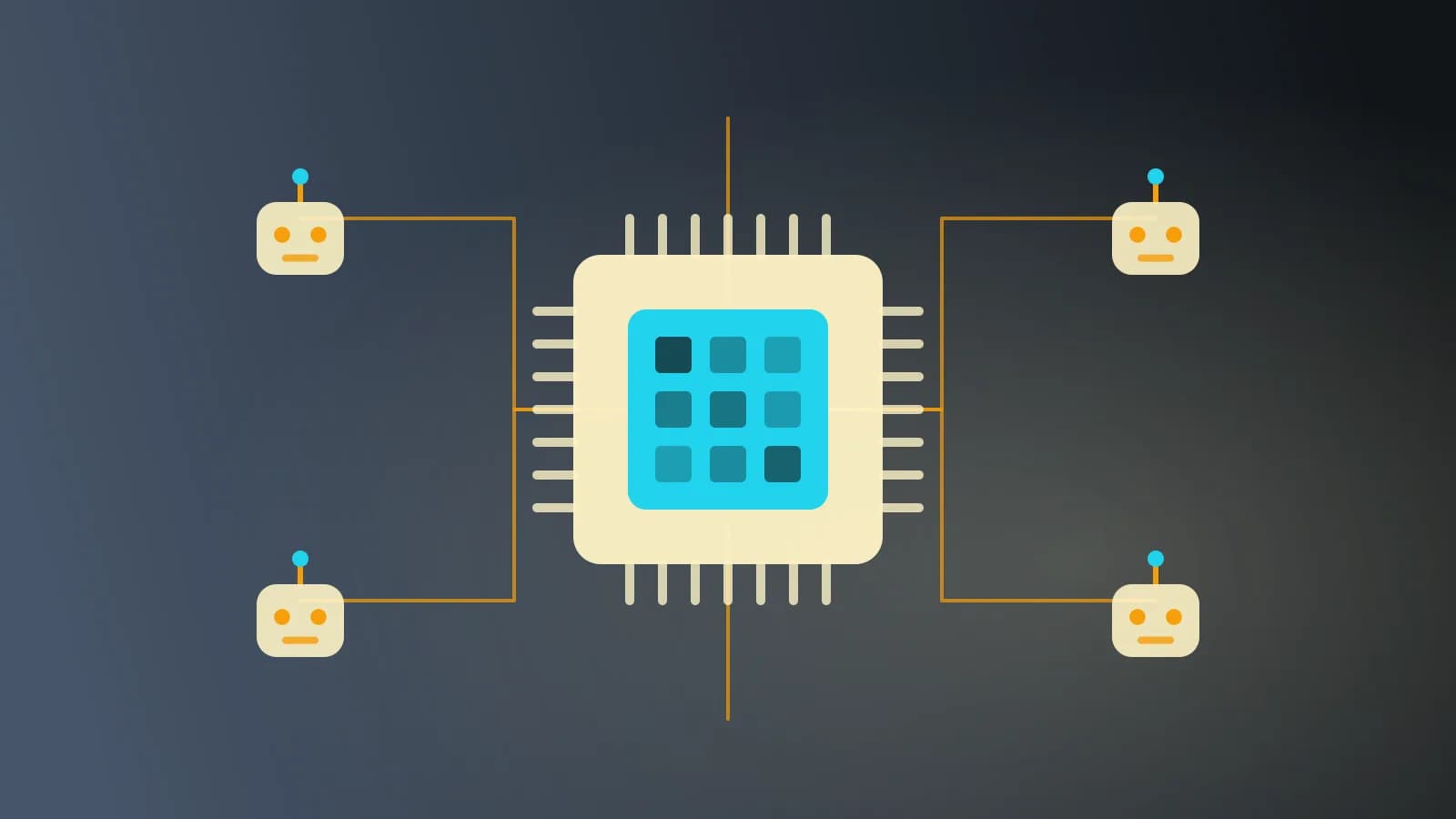Ilustración abstracta de un chip de procesamiento conectado a unidades robóticas