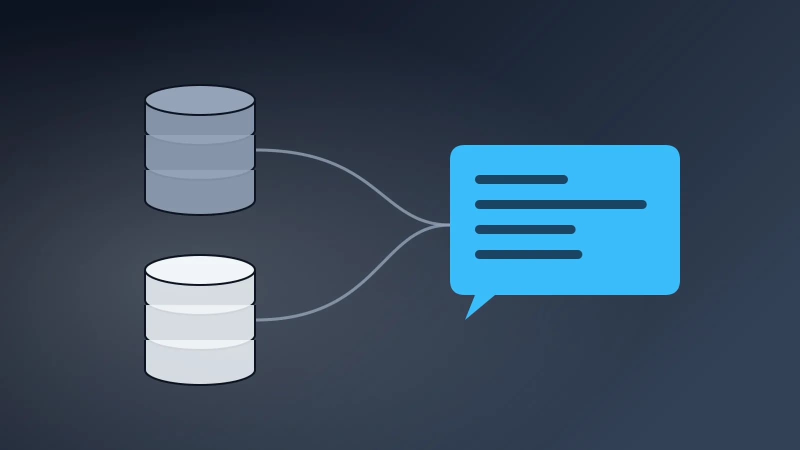 Ilustración abstracta de bases de datos conectadas a un asistente conversacional