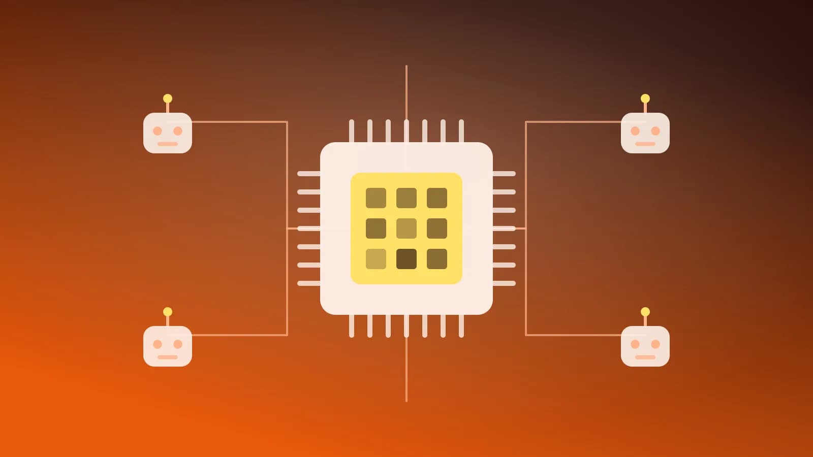 Ilustración abstracta de un chip de procesamiento conectado a unidades robóticas