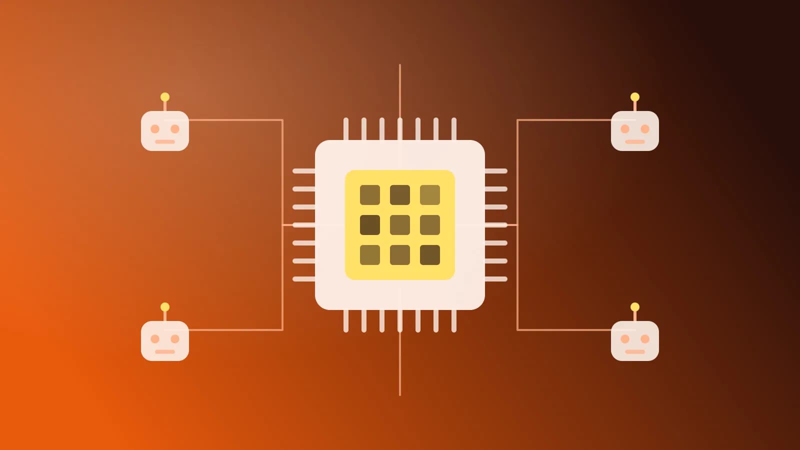 Abstract illustration of a processor chip linked to robot units