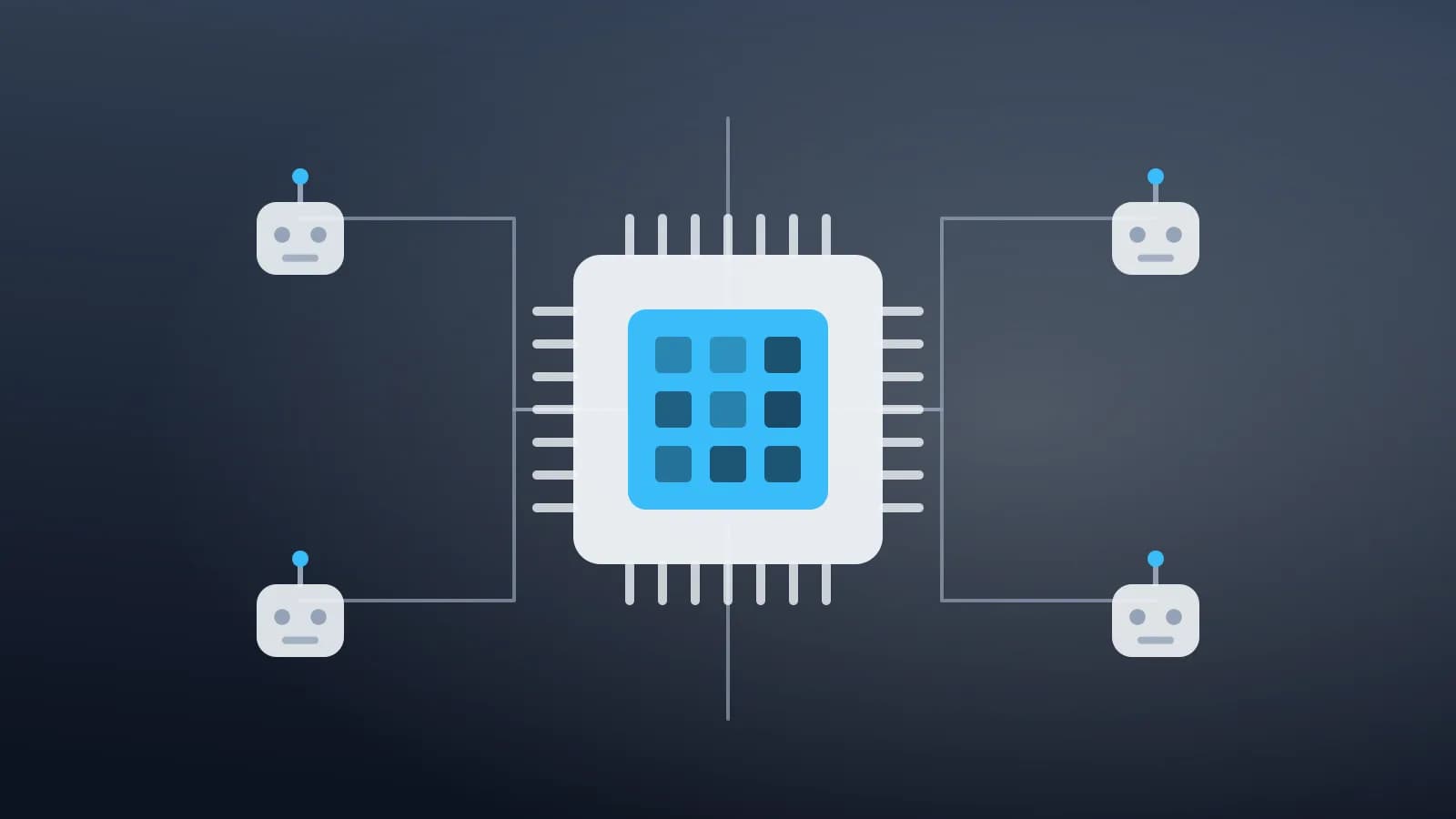 Ilustración abstracta de un chip de procesamiento conectado a unidades robóticas