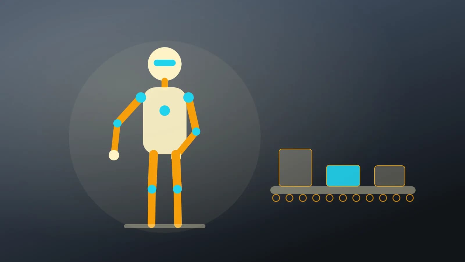 Ilustración abstracta de un robot humanoide junto a una cinta transportadora