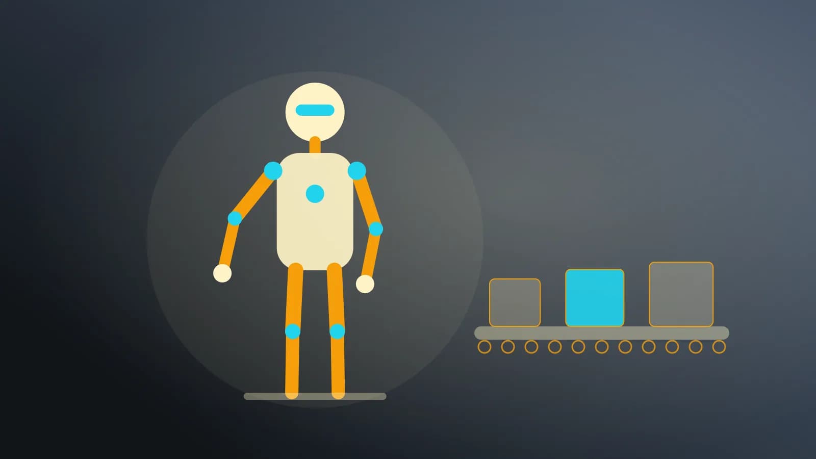 Abstract illustration of a humanoid robot beside a conveyor belt