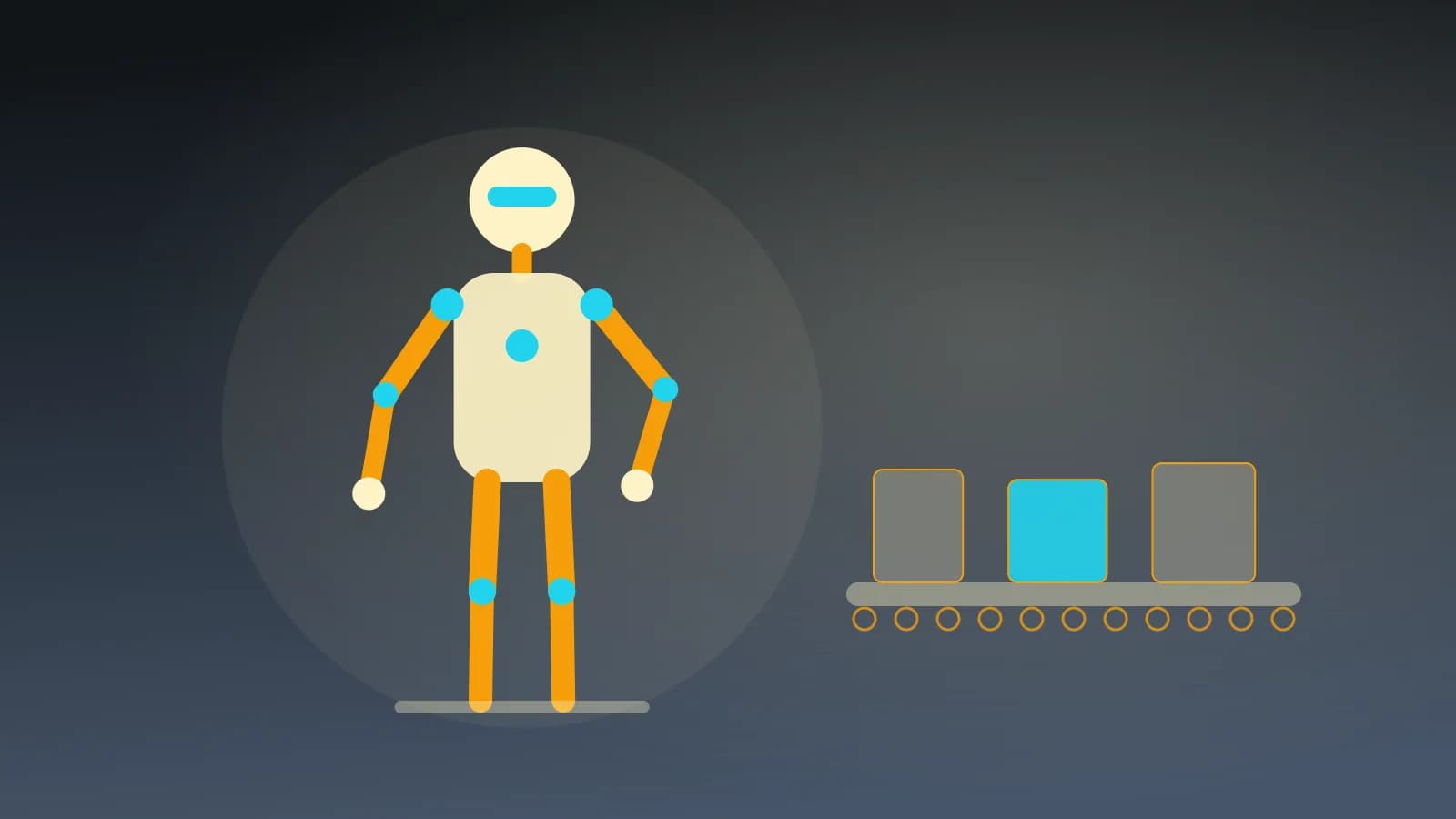 Ilustración abstracta de un robot humanoide junto a una cinta transportadora