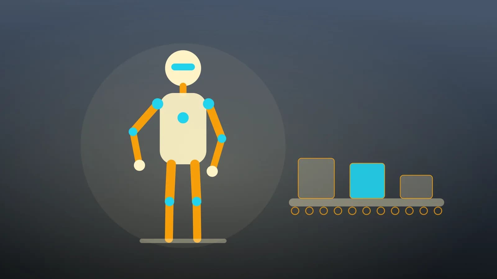 Ilustración abstracta de un robot humanoide junto a una cinta transportadora