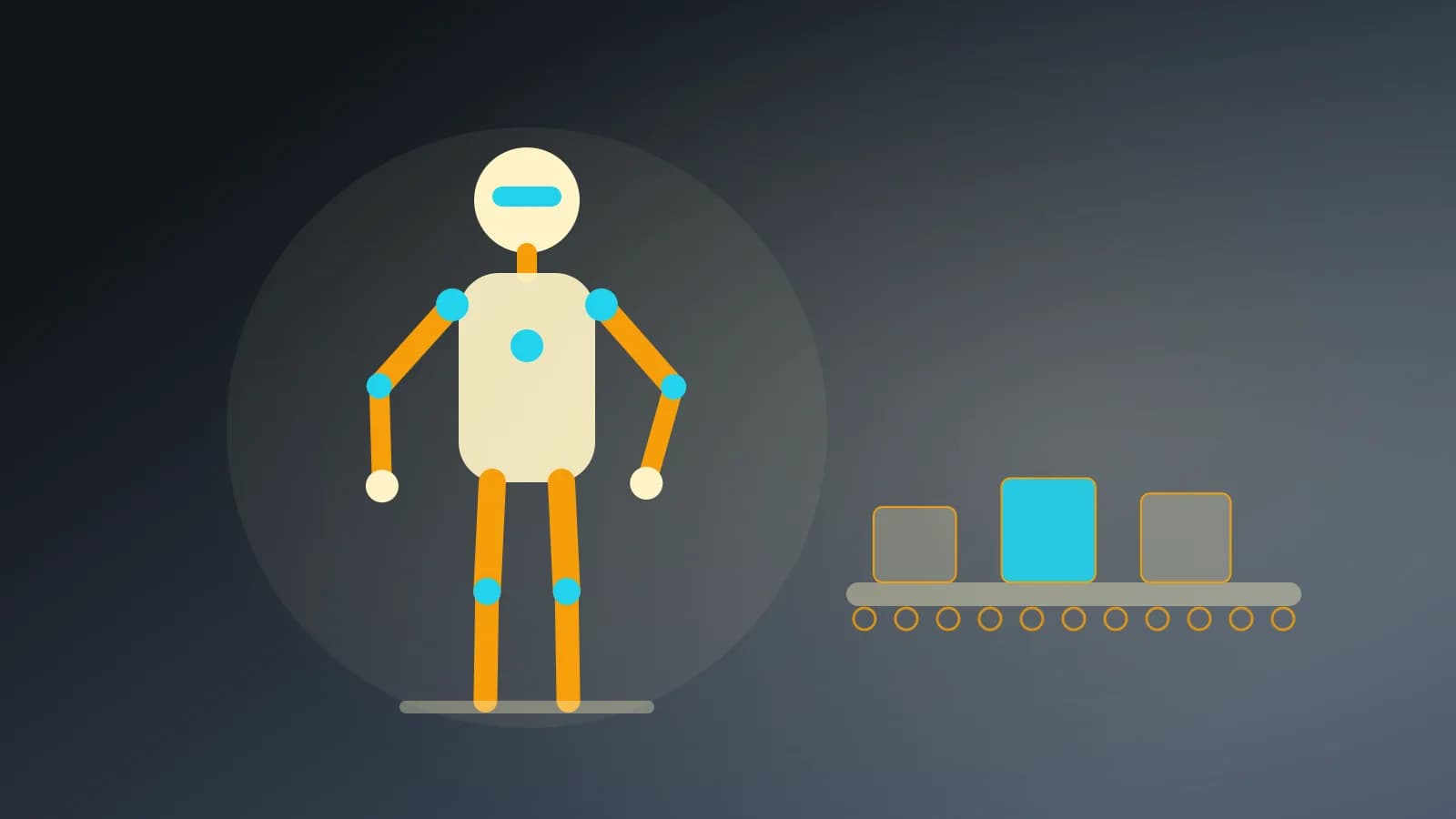 Ilustración abstracta de un robot humanoide junto a una cinta transportadora