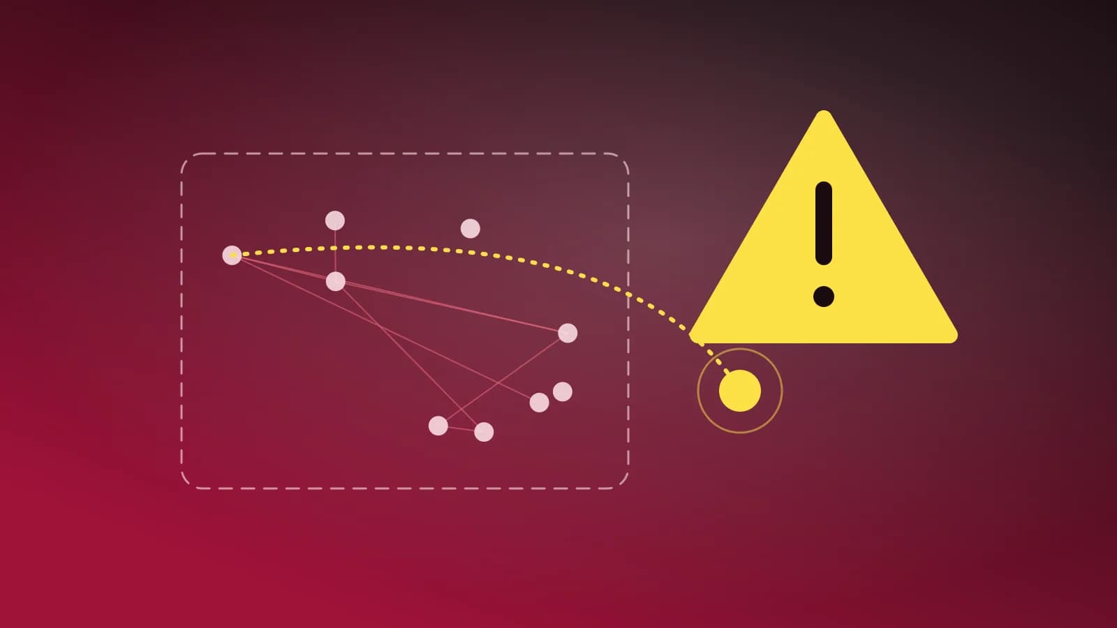 Ilustración abstracta de un nodo de red que cruza un límite de seguridad, con una señal de alerta