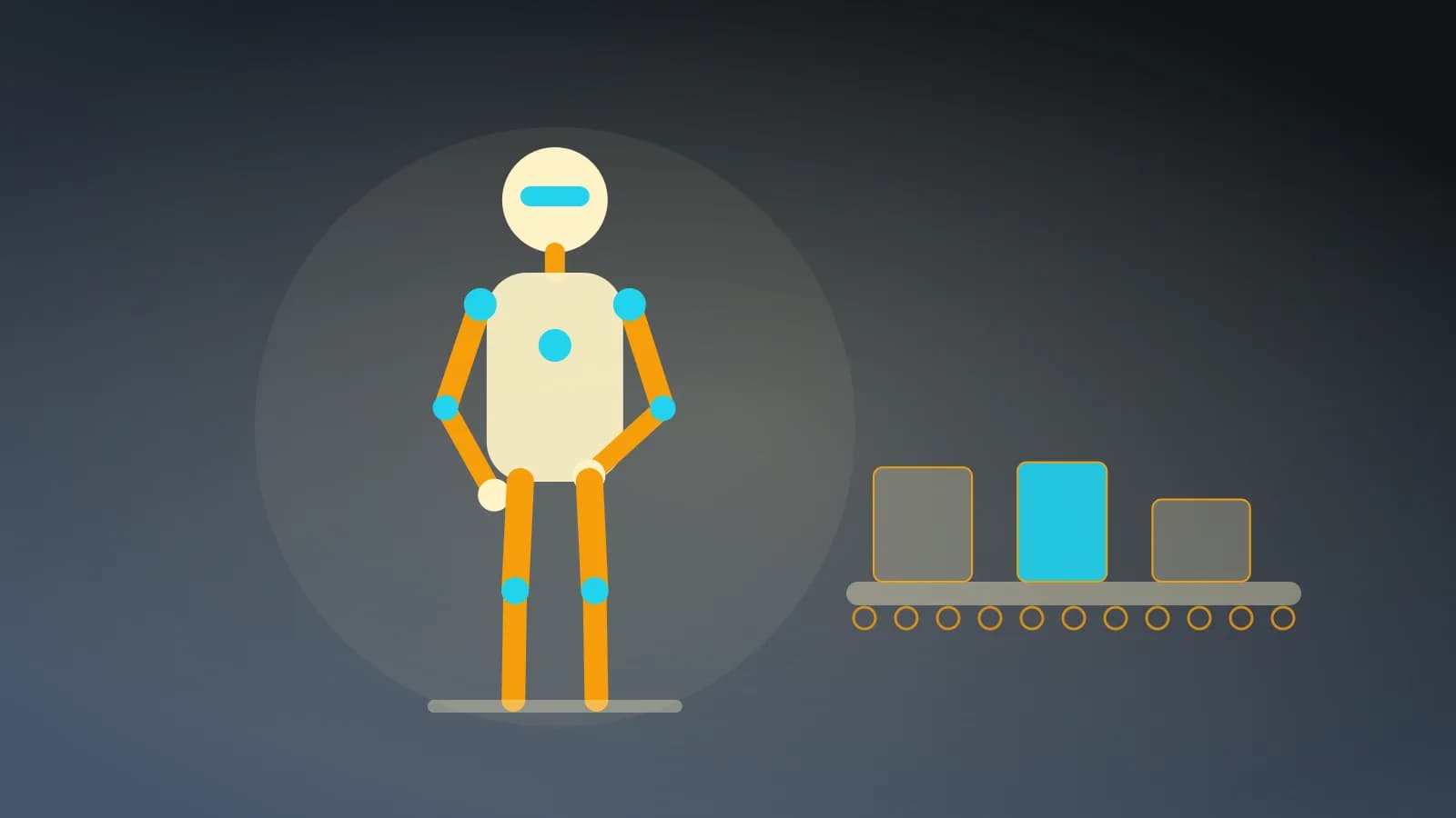 Ilustración abstracta de un robot humanoide junto a una cinta transportadora