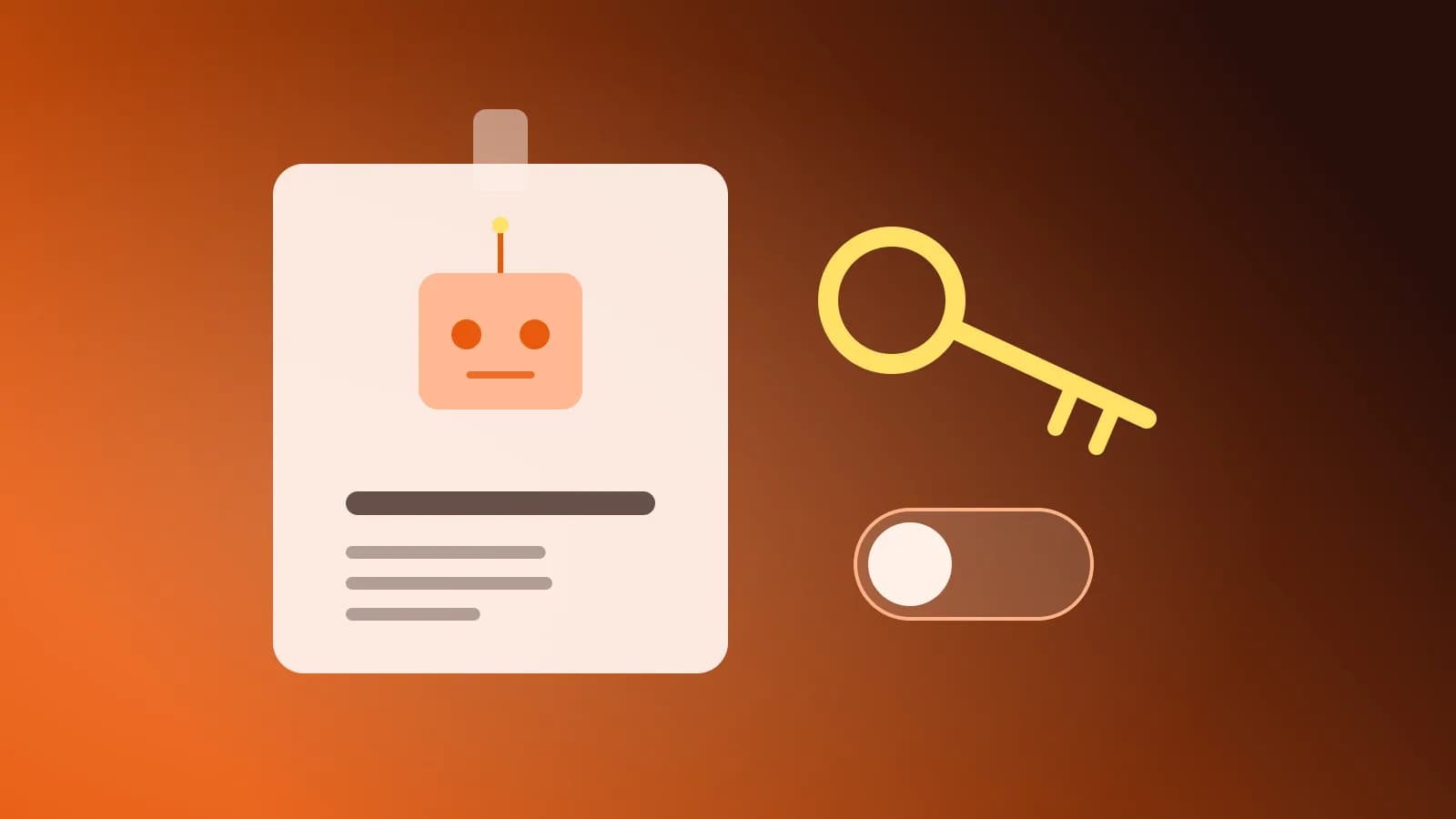 Abstract illustration of an agent ID badge, a key and an off switch